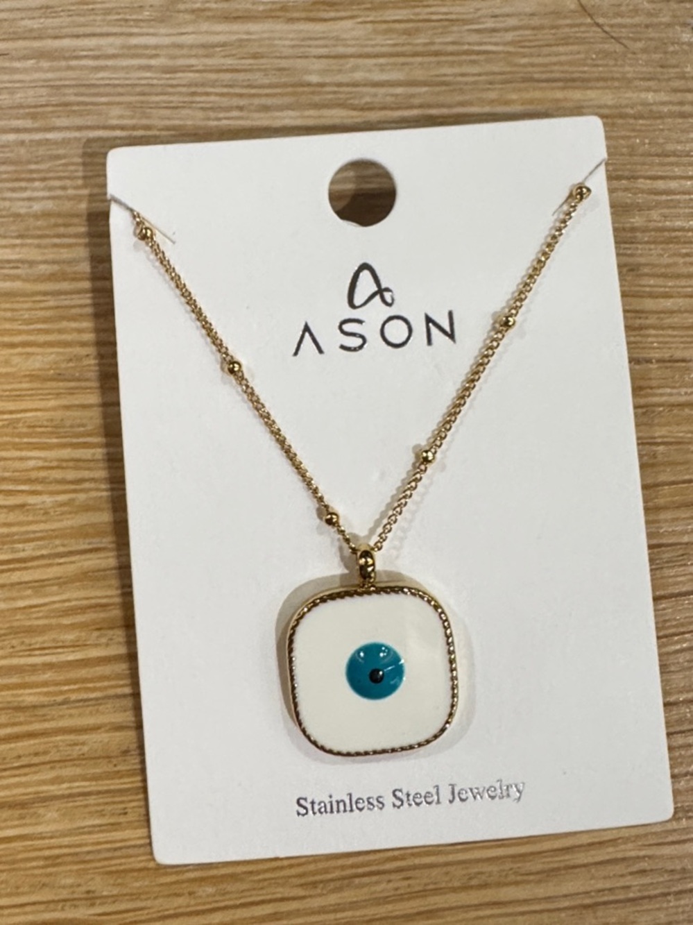 Gold Stainless Steel Necklace with White and Teal Pendant
